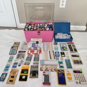 Huge Vintage Sewing Notions Lot Kit Case Singer Assorted Needles & Thread